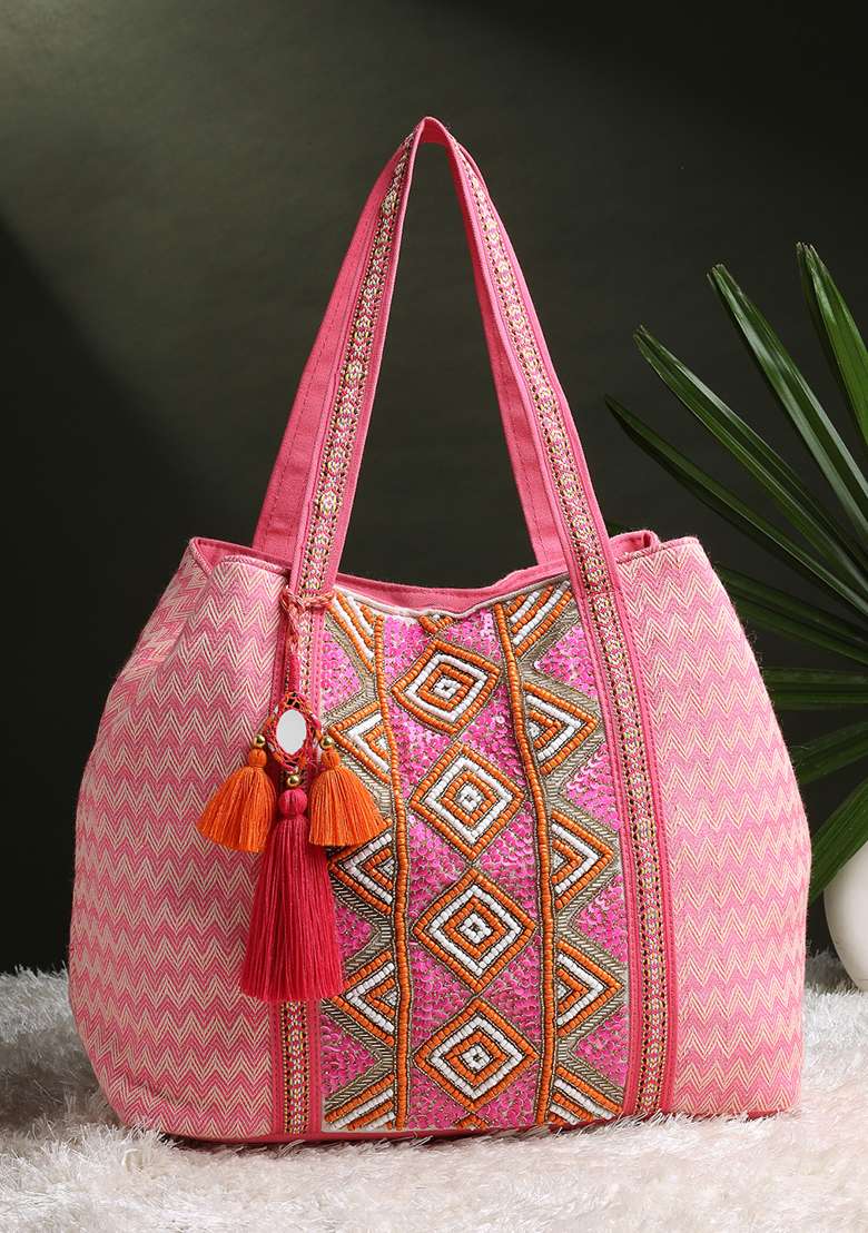 Flamingo Pink And Beige Diamond Beaded Cotton Hobo Bag - Indya