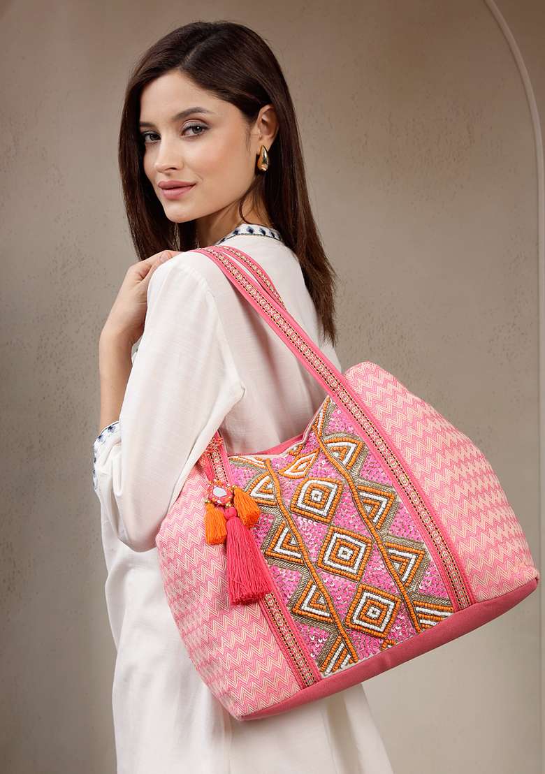 Flamingo Pink And Beige Diamond Beaded Cotton Hobo Bag - Indya