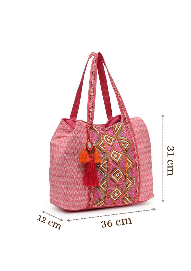 Flamingo Pink And Beige Diamond Beaded Cotton Hobo Bag - Indya