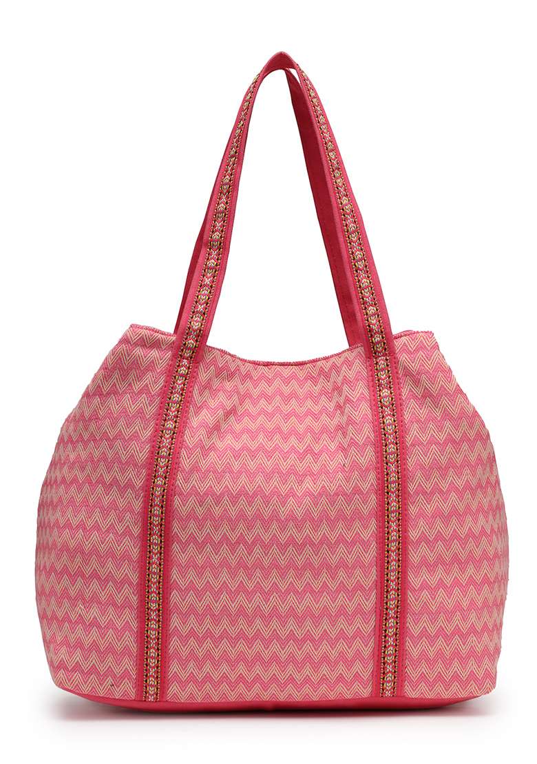 Flamingo Pink And Beige Diamond Beaded Cotton Hobo Bag - Indya