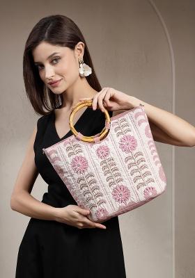 Natural And Dusty Pink Embellished Cotton Handheld Bag