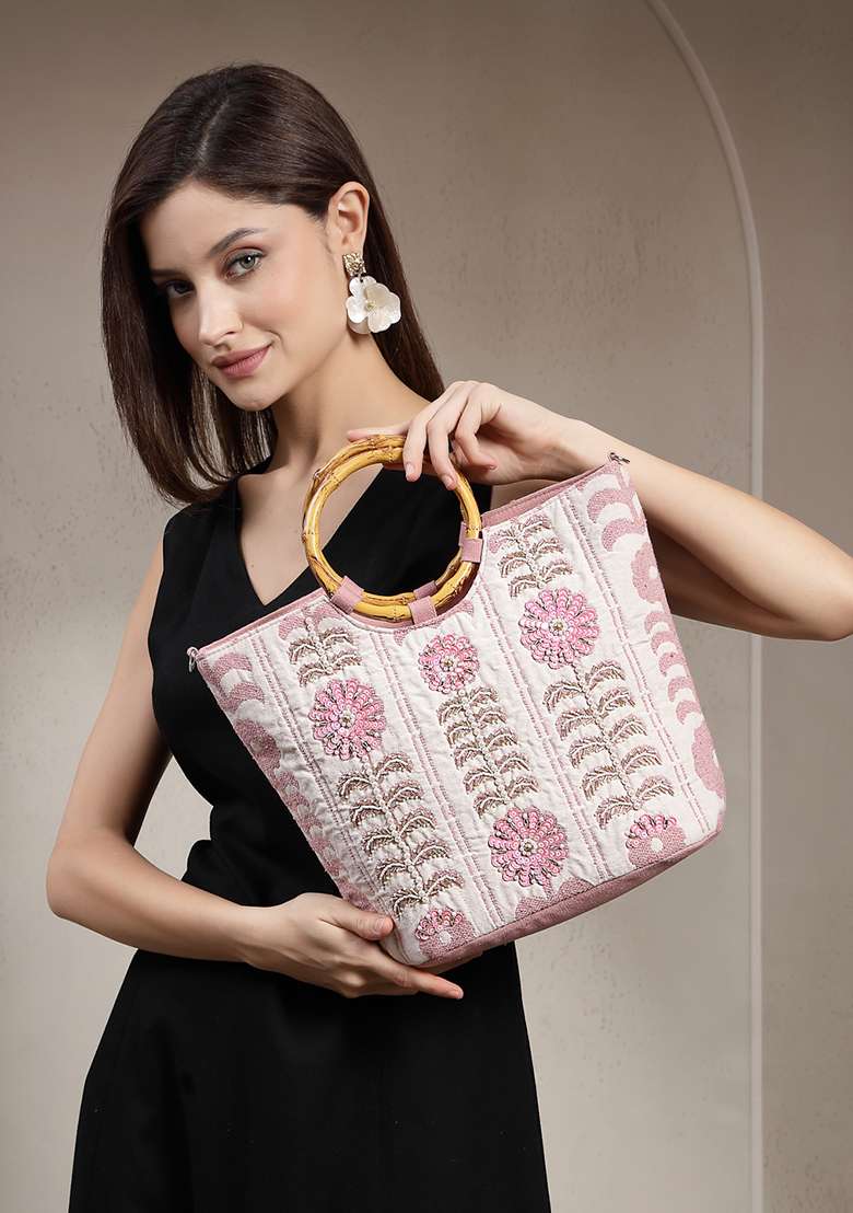 Natural And Dusty Pink Embellished Cotton Handheld Bag - Indya