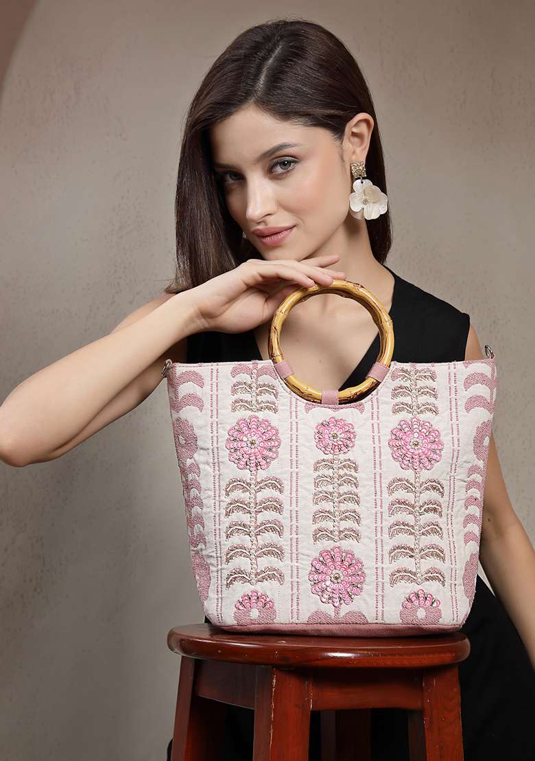 Natural And Dusty Pink Embellished Cotton Handheld Bag - Indya