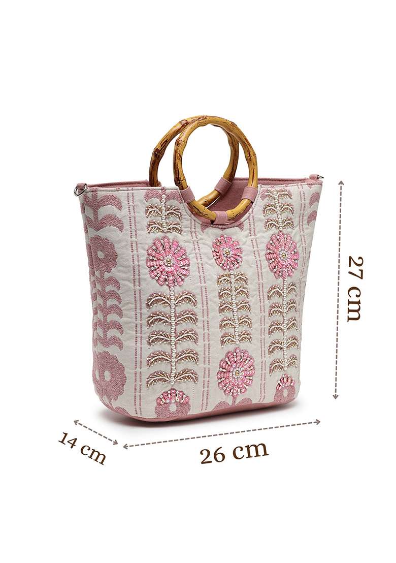 Natural And Dusty Pink Embellished Cotton Handheld Bag - Indya