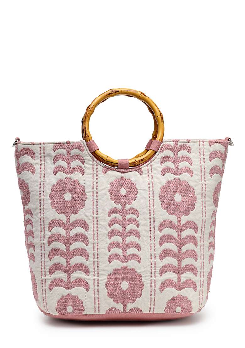 Natural And Dusty Pink Embellished Cotton Handheld Bag - Indya