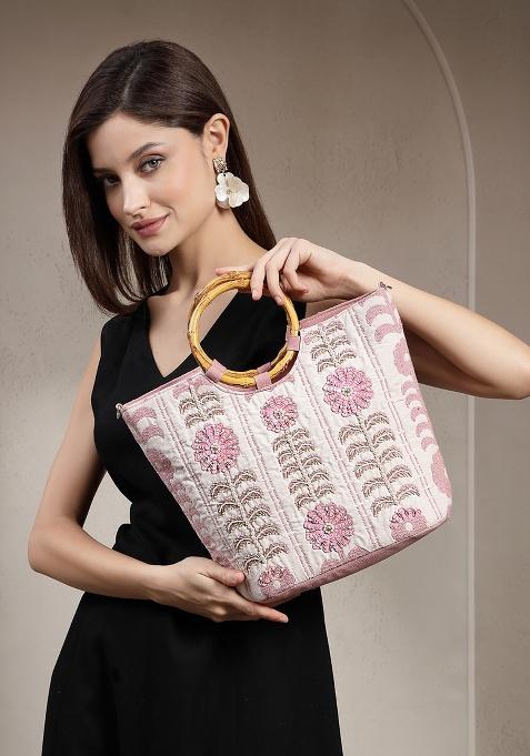 Natural And Dusty Pink Embellished Cotton Handheld Bag