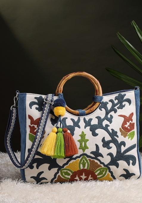Multicolor Embroidery Cotton Handheld Bag