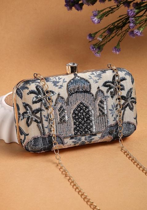 Beige And Navy Embroidery Silk Clutch