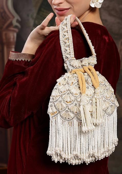 Mustard Yellow And Pearl Embroidery Velvet Potli