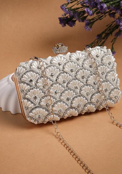 Pearl And Silver Scalloped Fan Motifs Beaded Silk Clutch