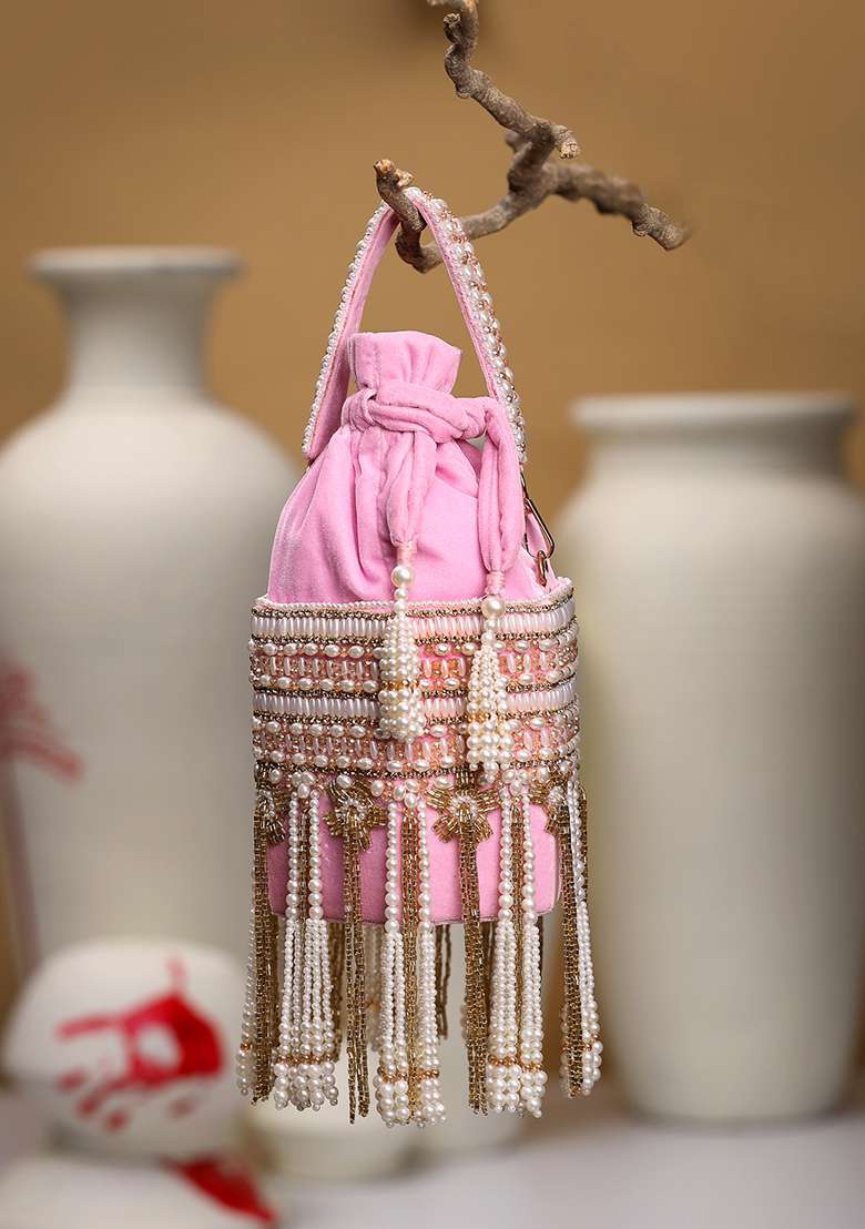 Baby Pink And Ivory Embroidery Velvet Potli - Indya