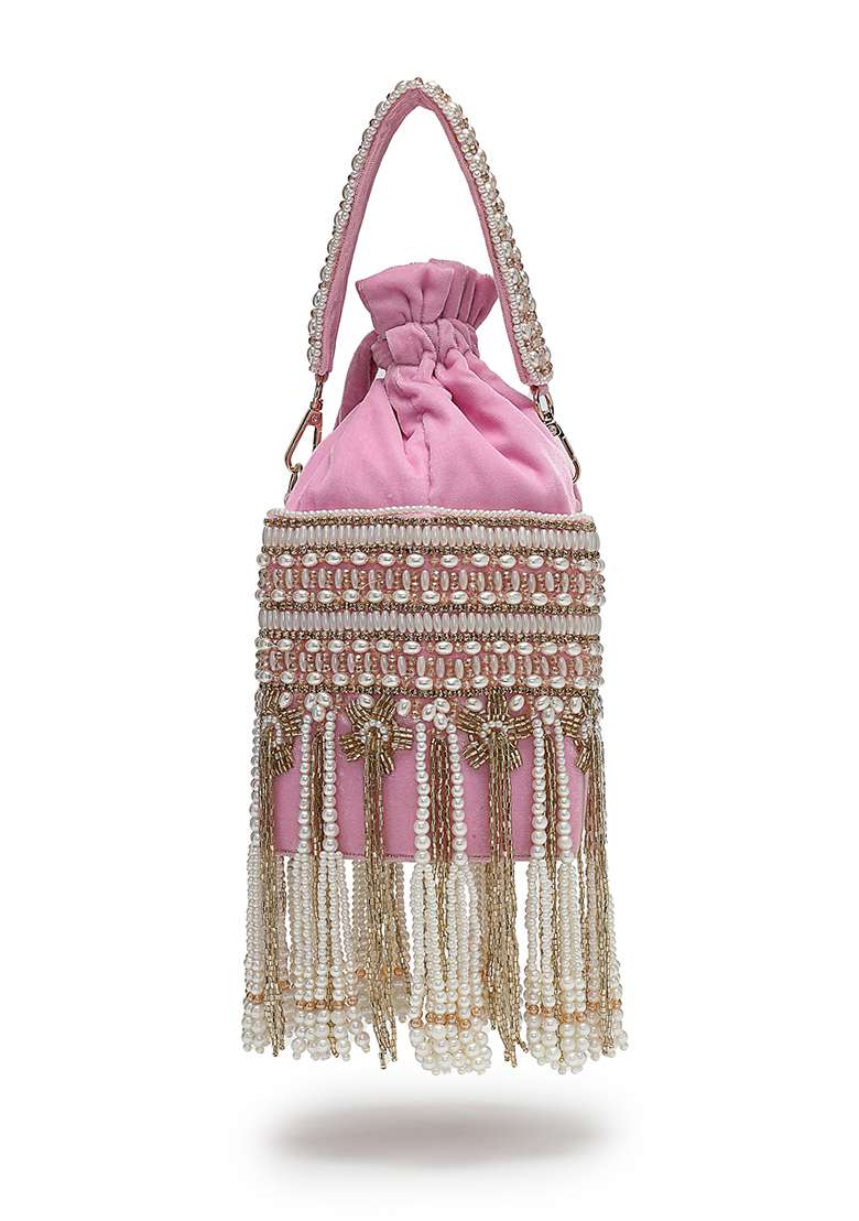 Baby Pink And Ivory Embroidery Velvet Potli - Indya