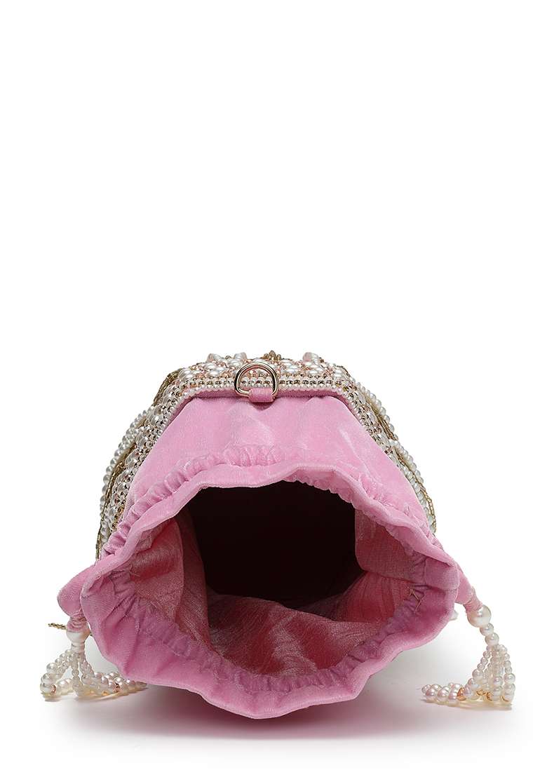 Baby Pink And Ivory Embroidery Velvet Potli - Indya
