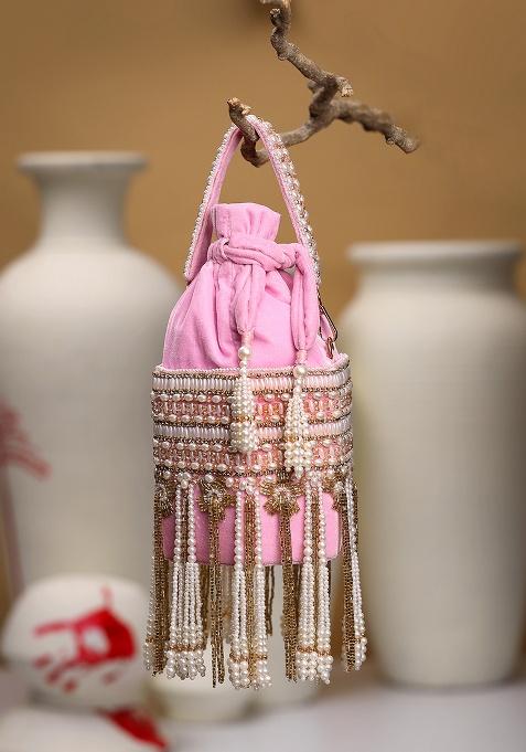 Baby Pink And Ivory Embroidery Velvet Potli