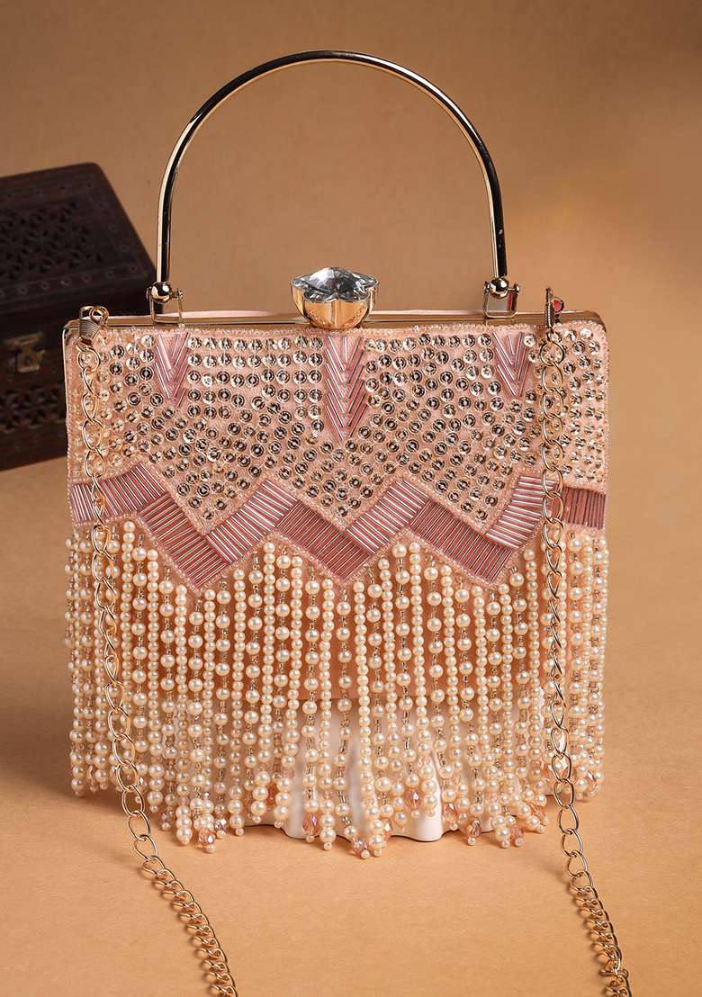 Blush Pink And Champagne Embellished Velvet Clutch - Indya