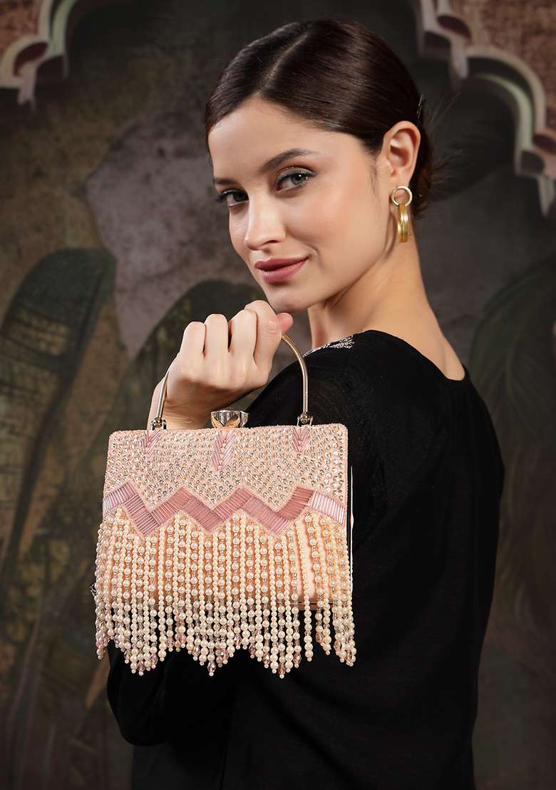 Blush Pink And Champagne Embellished Velvet Clutch - Indya