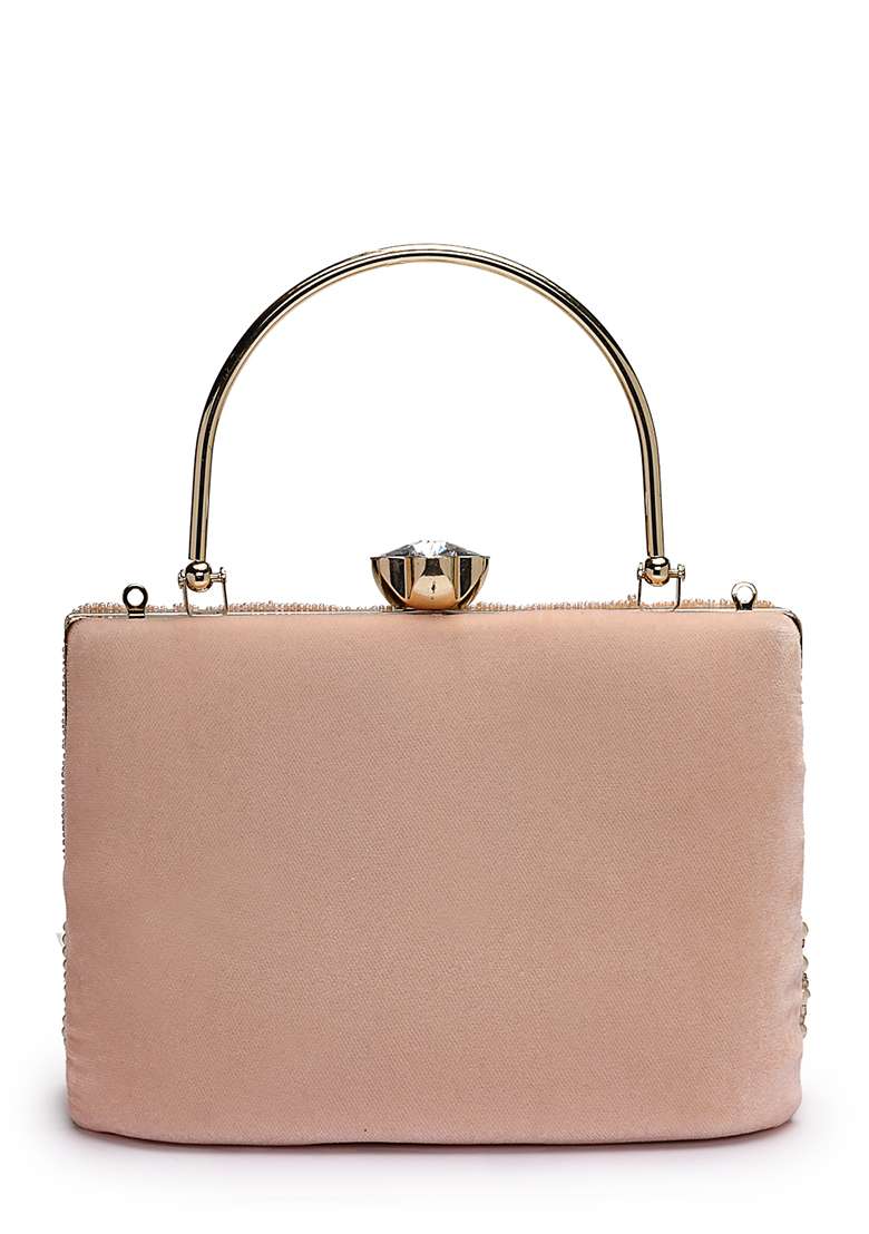 Blush Pink And Champagne Embellished Velvet Clutch - Indya