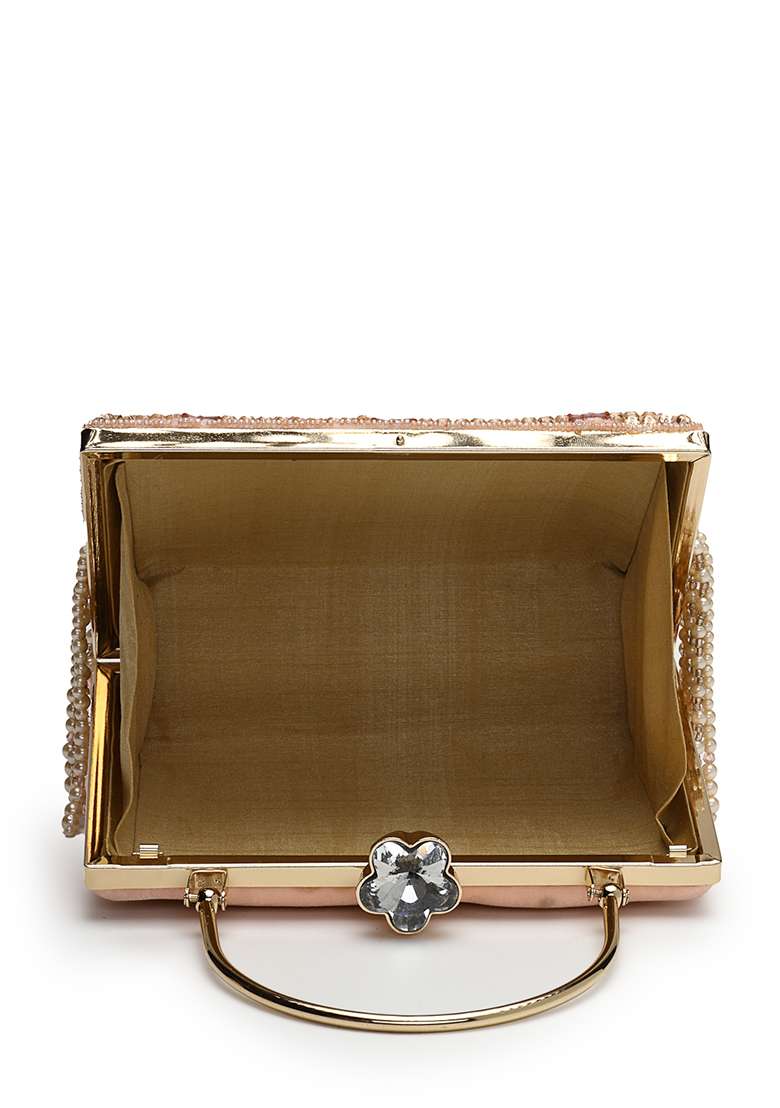 Blush Pink And Champagne Embellished Velvet Clutch - Indya
