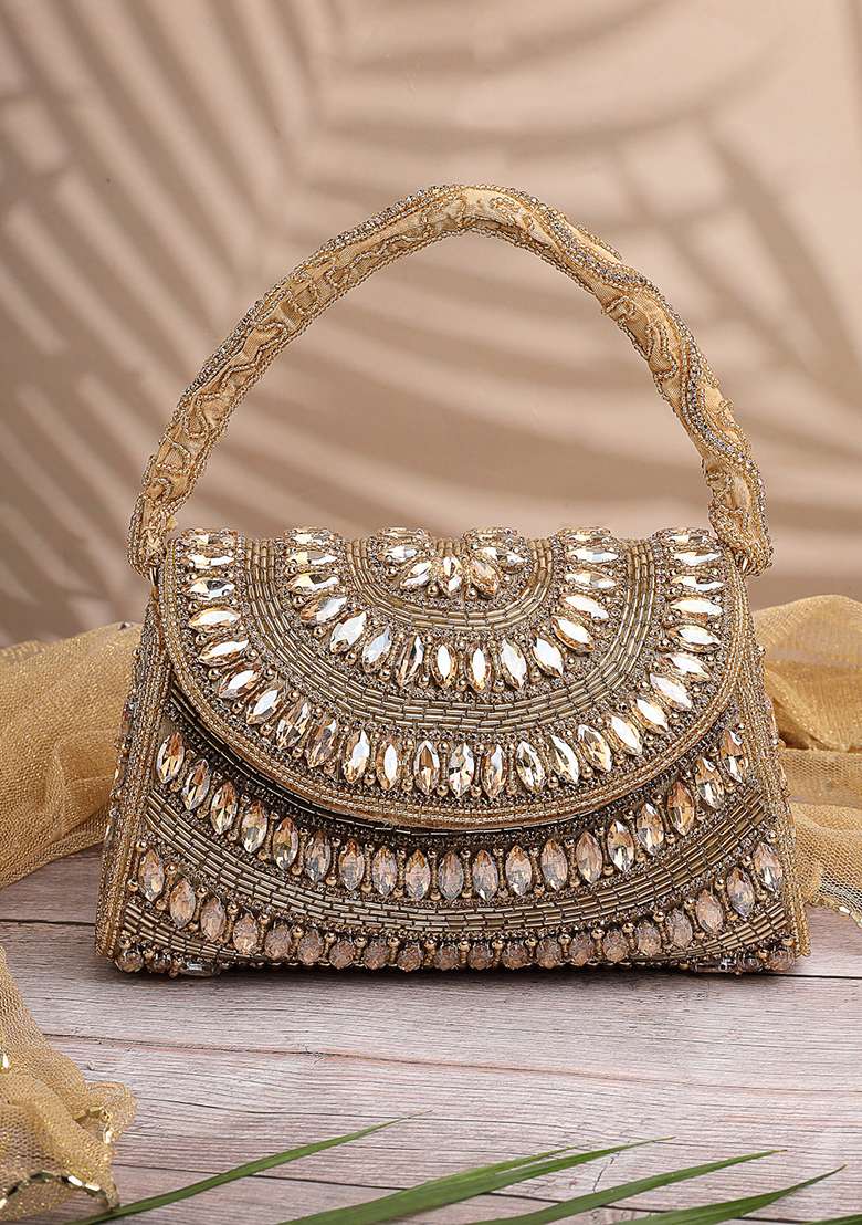 Antique Gold And Copper Embellished Silk Clutch - Indya