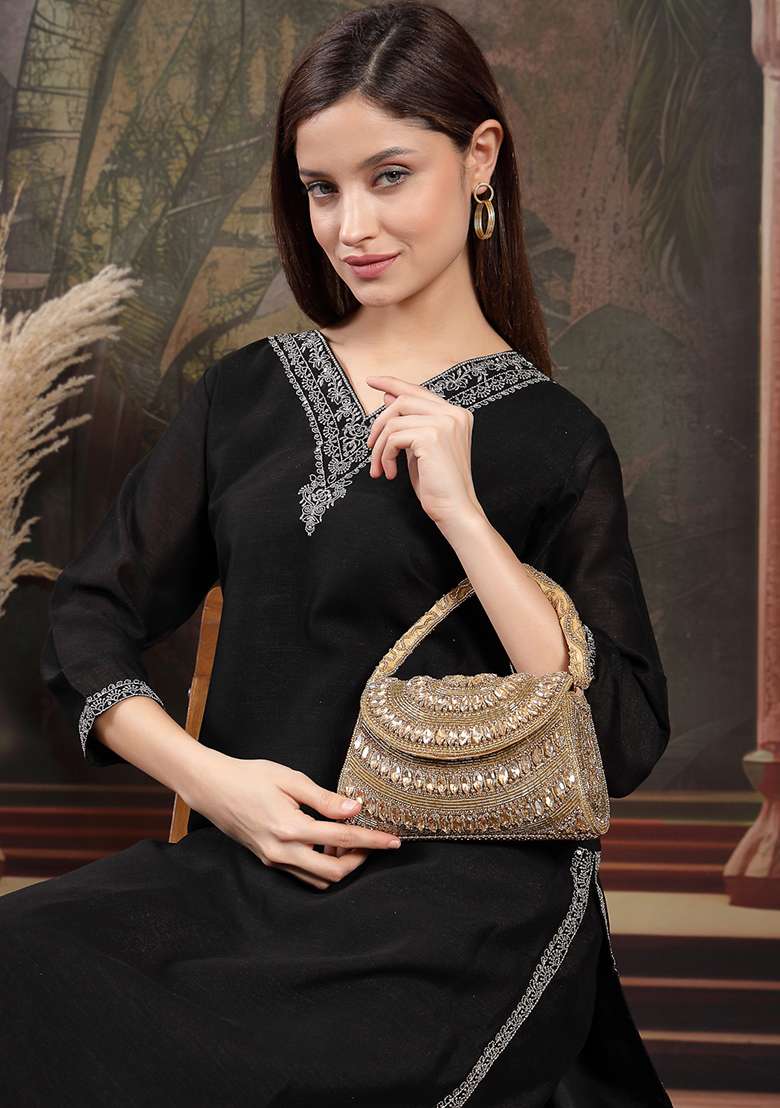 Antique Gold And Copper Embellished Silk Clutch - Indya