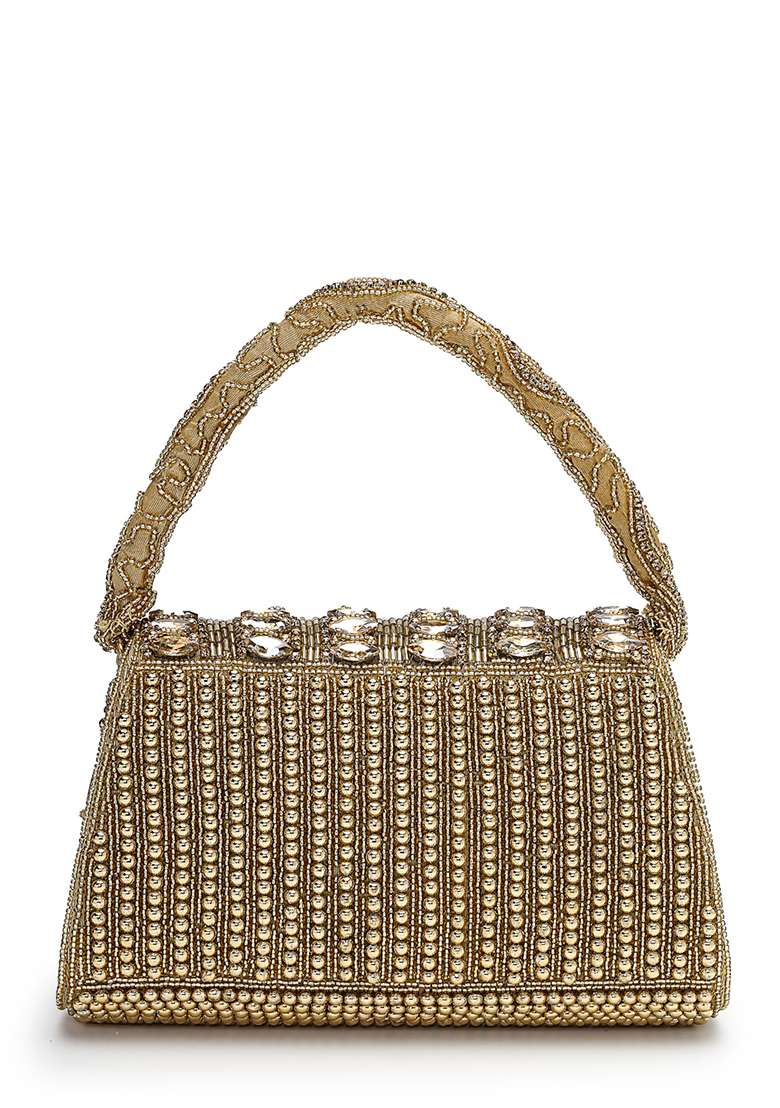 Antique Gold And Copper Embellished Silk Clutch - Indya