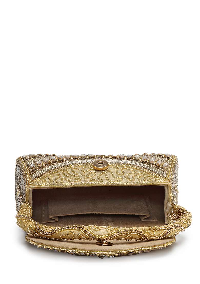 Antique Gold And Copper Embellished Silk Clutch - Indya
