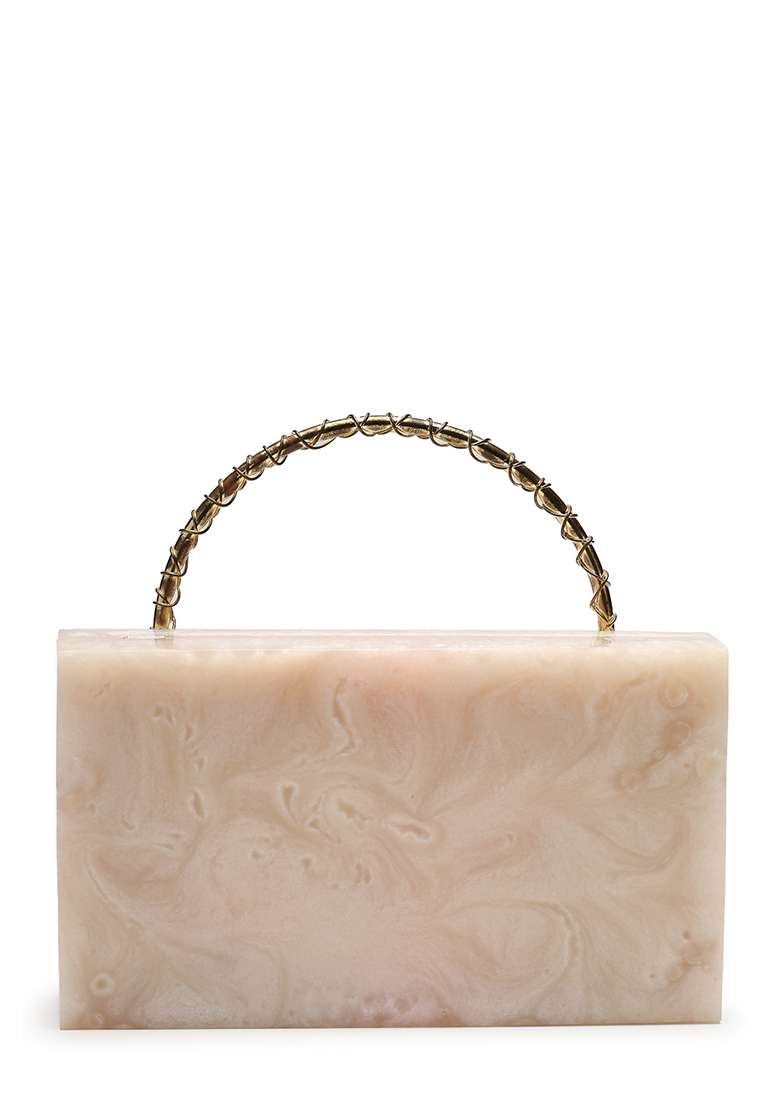 Pearl Cream And Metallic Gold Marble Texture Resin Clutch - Indya
