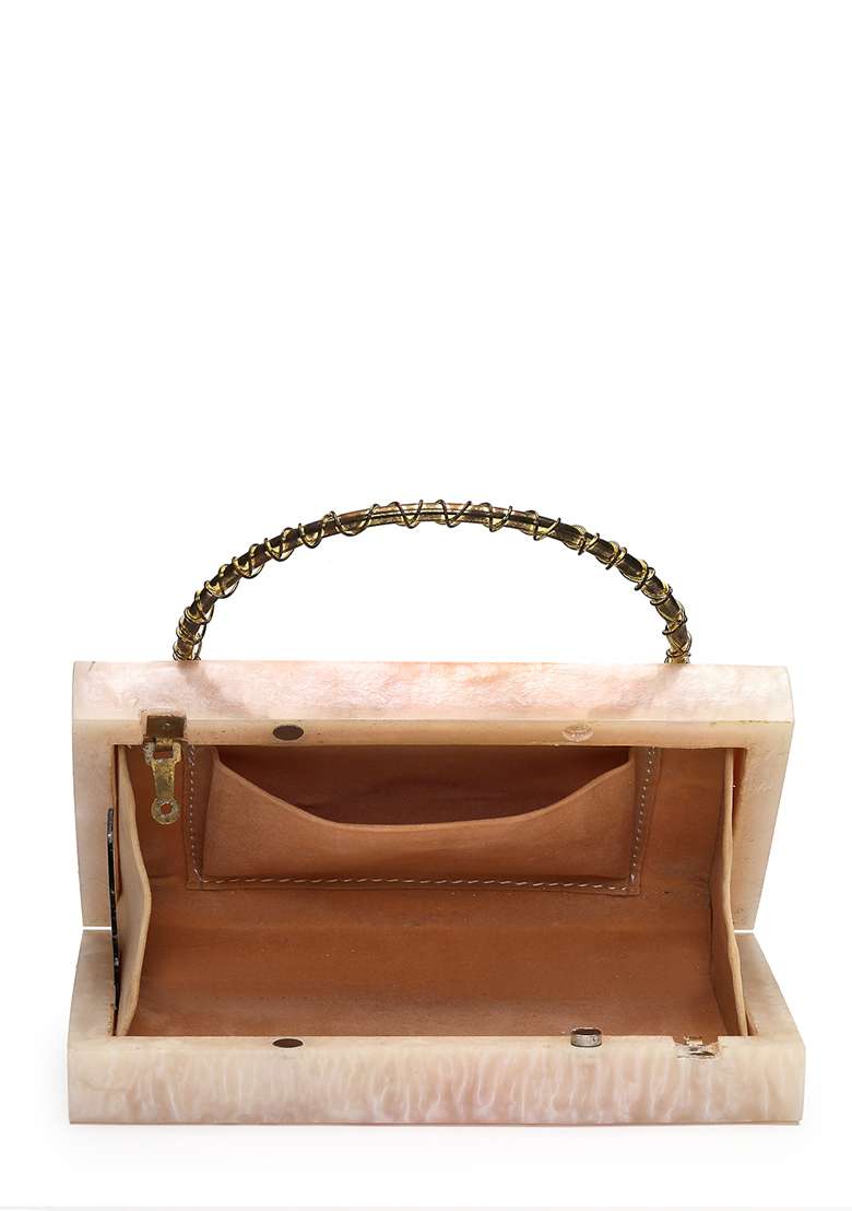 Pearl Cream And Metallic Gold Marble Texture Resin Clutch - Indya