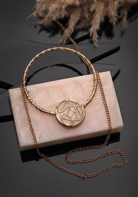 Pearl Cream And Metallic Gold Marble Texture Resin Clutch