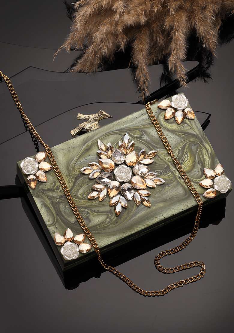 Multicolor Floral Motifs And Clusters Resin Clutch - Indya