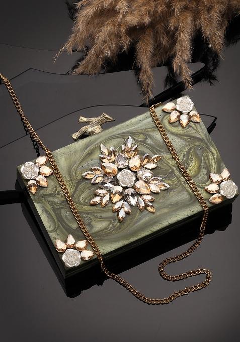 Multicolor Floral Motifs And Clusters Resin Clutch