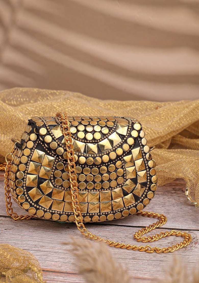 Black And Metallic Gold Embellished Metal Clutch - Indya