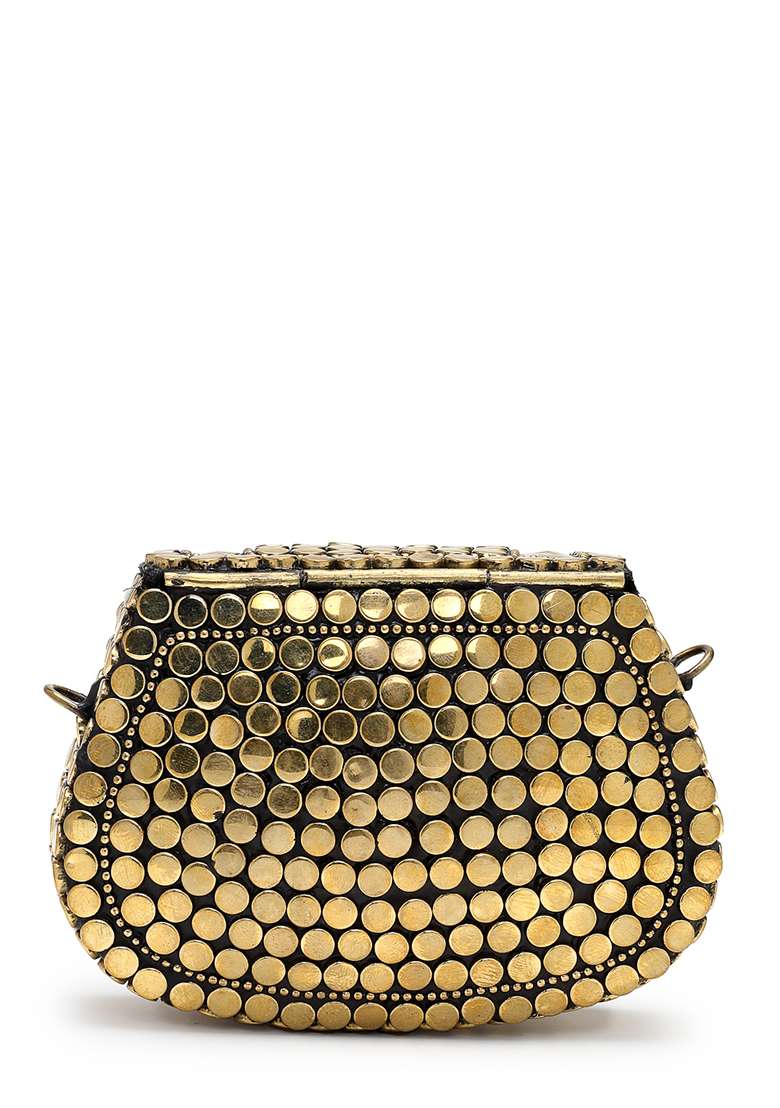 Black And Metallic Gold Embellished Metal Clutch - Indya
