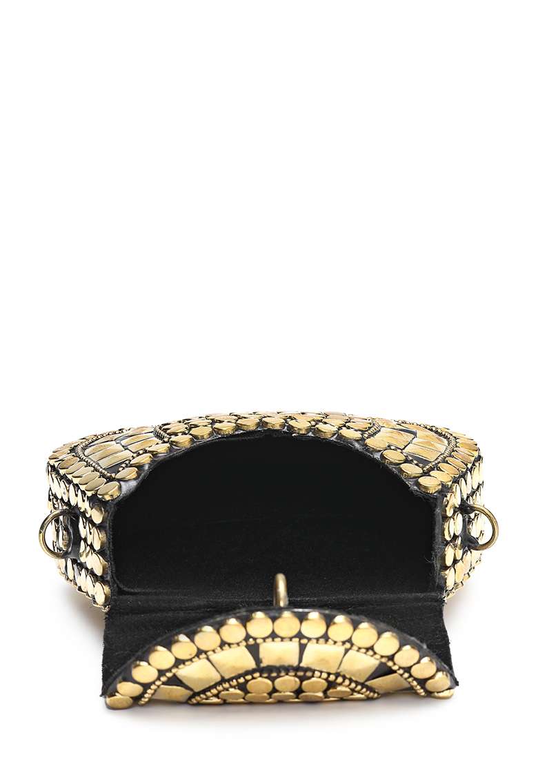 Black And Metallic Gold Embellished Metal Clutch - Indya