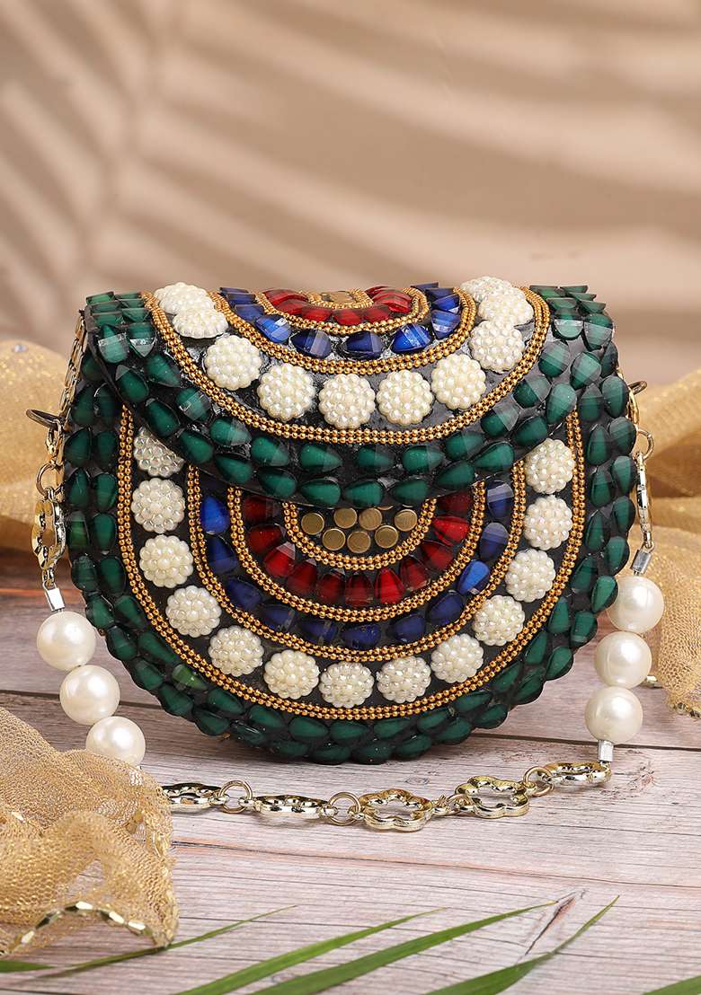 Multicolor Embellished Metal Clutch - Indya