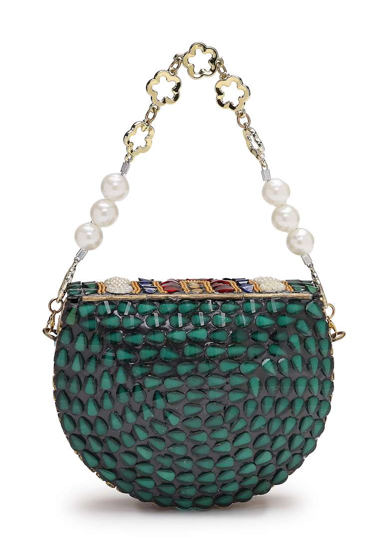 Multicolor Embellished Metal Clutch - Indya