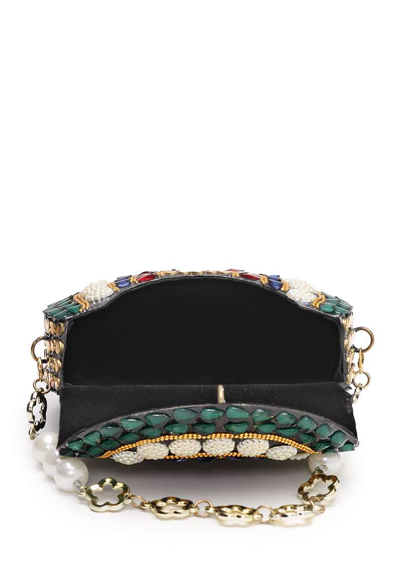 Multicolor Embellished Metal Clutch - Indya