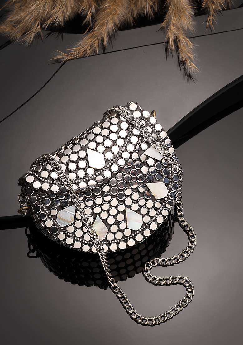 Silver And Mother Of Pearl Mosaic Metal Clutch - Indya
