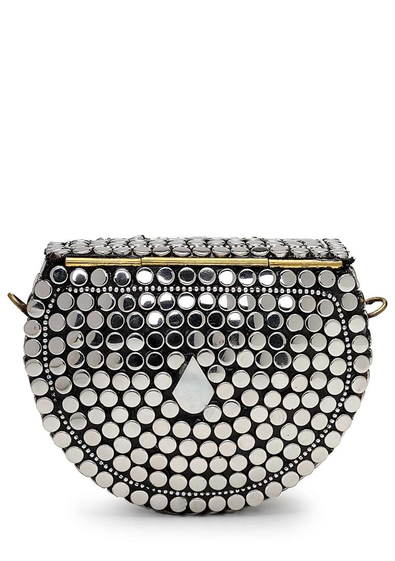 Silver And Mother Of Pearl Mosaic Metal Clutch - Indya