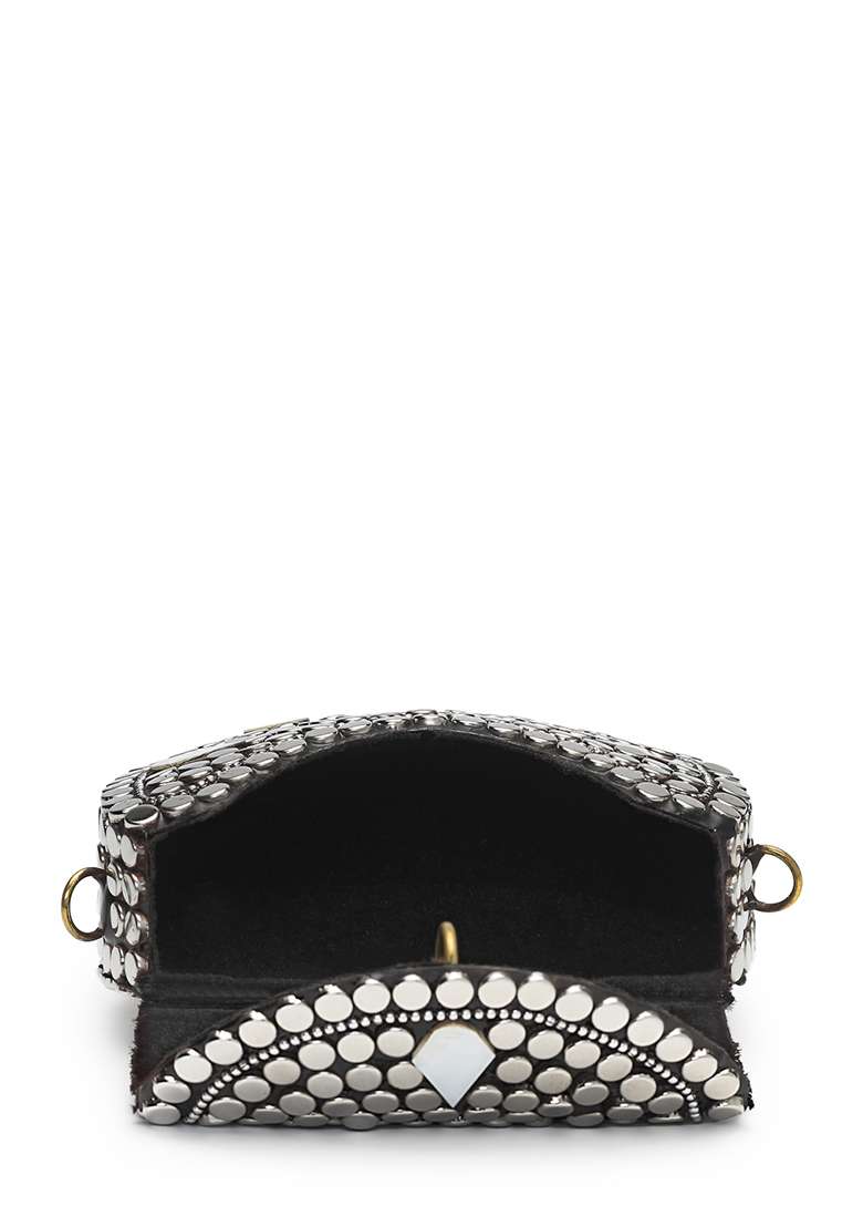Silver And Mother Of Pearl Mosaic Metal Clutch - Indya
