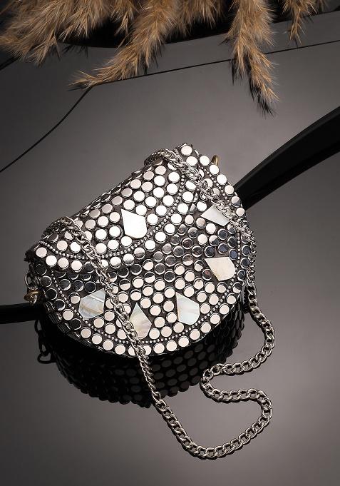 Silver And Mother Of Pearl Mosaic Metal Clutch