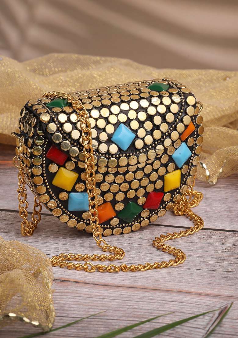 Multicolor Mosaic Metal Clutch - Indya