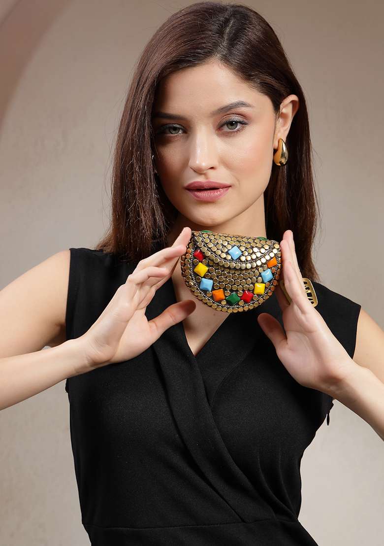 Multicolor Mosaic Metal Clutch - Indya