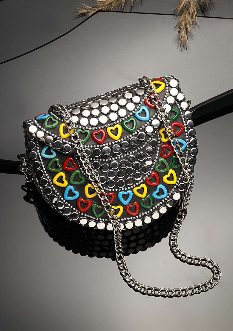 Multicolor Mosaic Metal Clutch - Indya