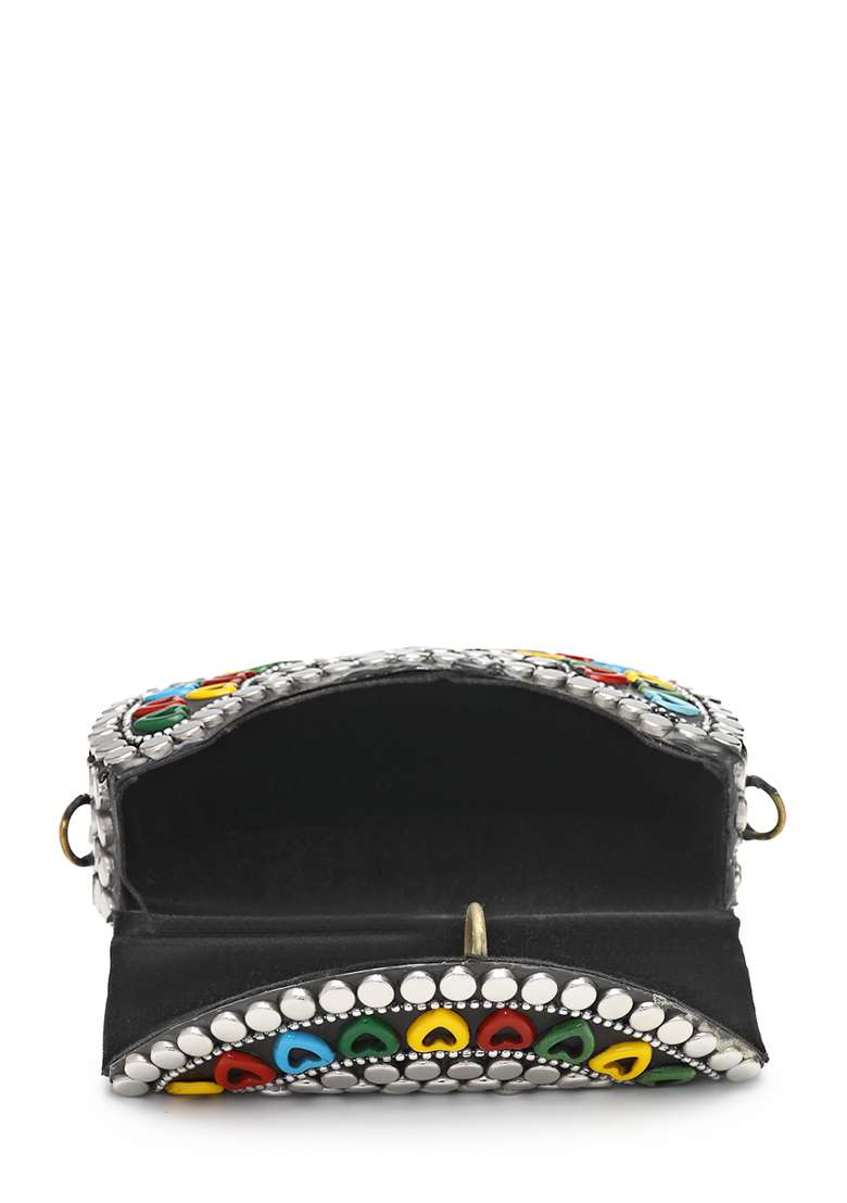 Multicolor Mosaic Metal Clutch - Indya