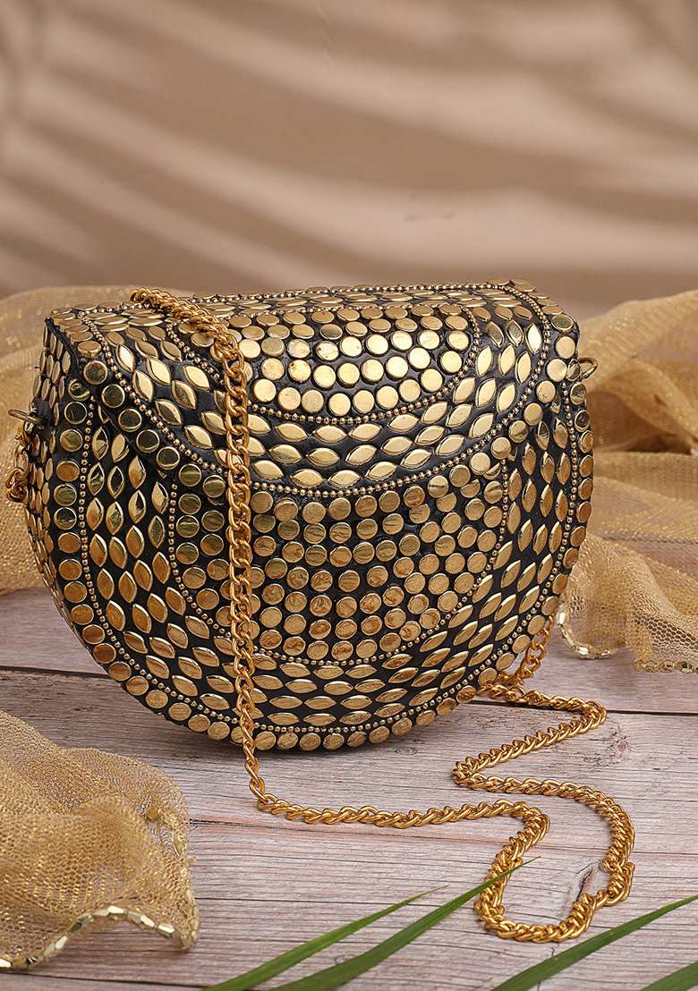 Metallic Gold Mosaic Metal Clutch - Indya