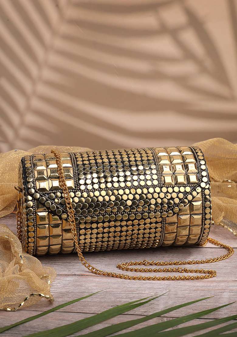 Metallic Gold Mosaic Metal Clutch - Indya