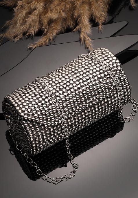 Metallic Silver Mosaic Metal Clutch