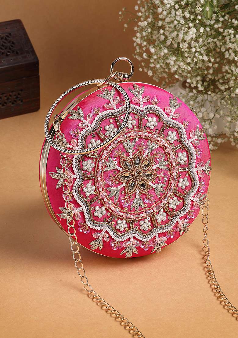 Multicolor Embellished Silk Clutch - Indya