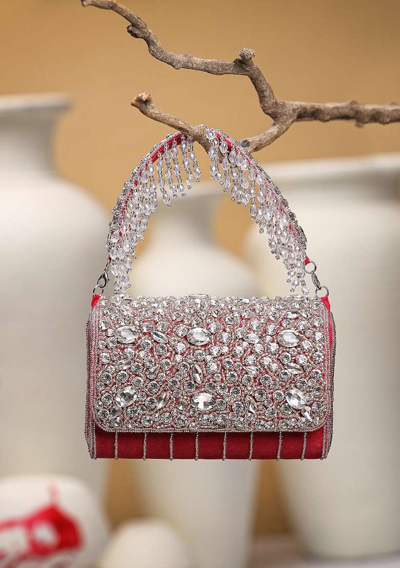 Deep Pink Fuchsia And Silver Beadwork Suede Clutch - Indya